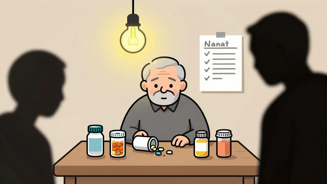 An elderly person surrounded by multiple pill containers, with a counterfeit pill in shadow.