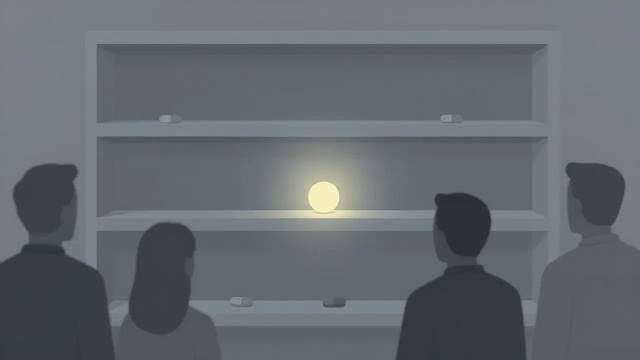 An empty pharmacy shelf with one glowing pill in the center, surrounded by shadowy figures of supply chain players.