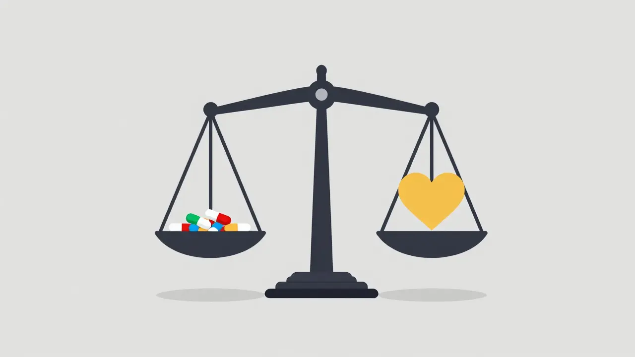 Balance scale comparing pills to a golden heart icon.