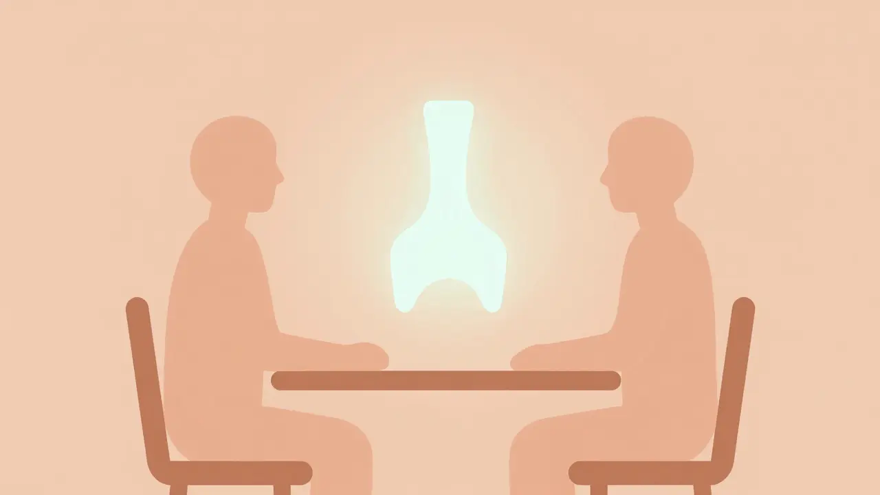 Doctor and patient viewing abstract bone scan graphic