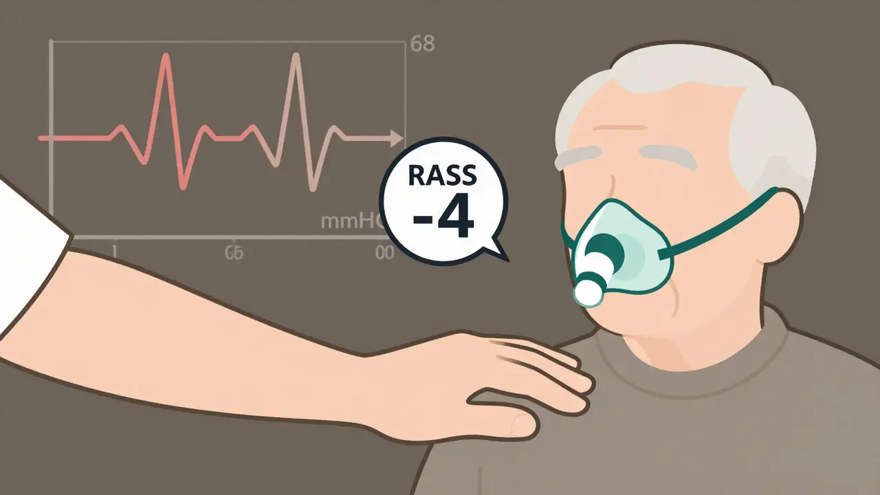 Hand shaking senior’s shoulder while RASS score and capnography waveform show danger.