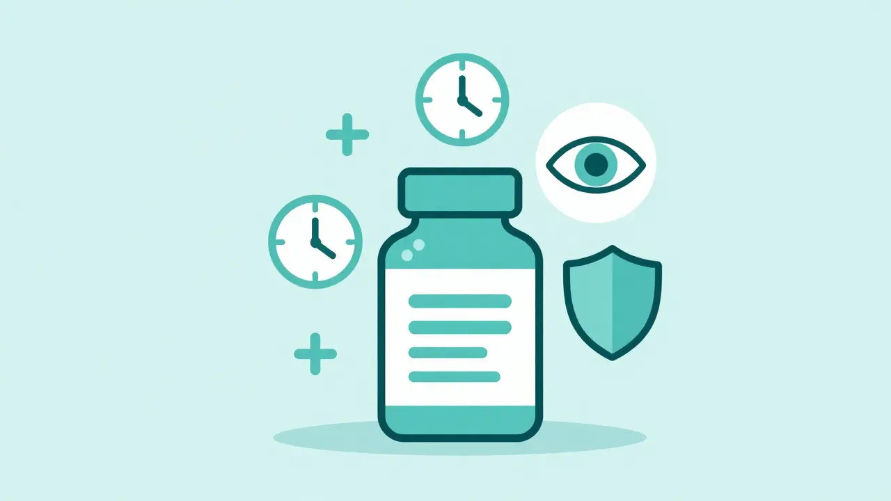 Medicine bottle with safety symbols floating nearby, minimalist style.