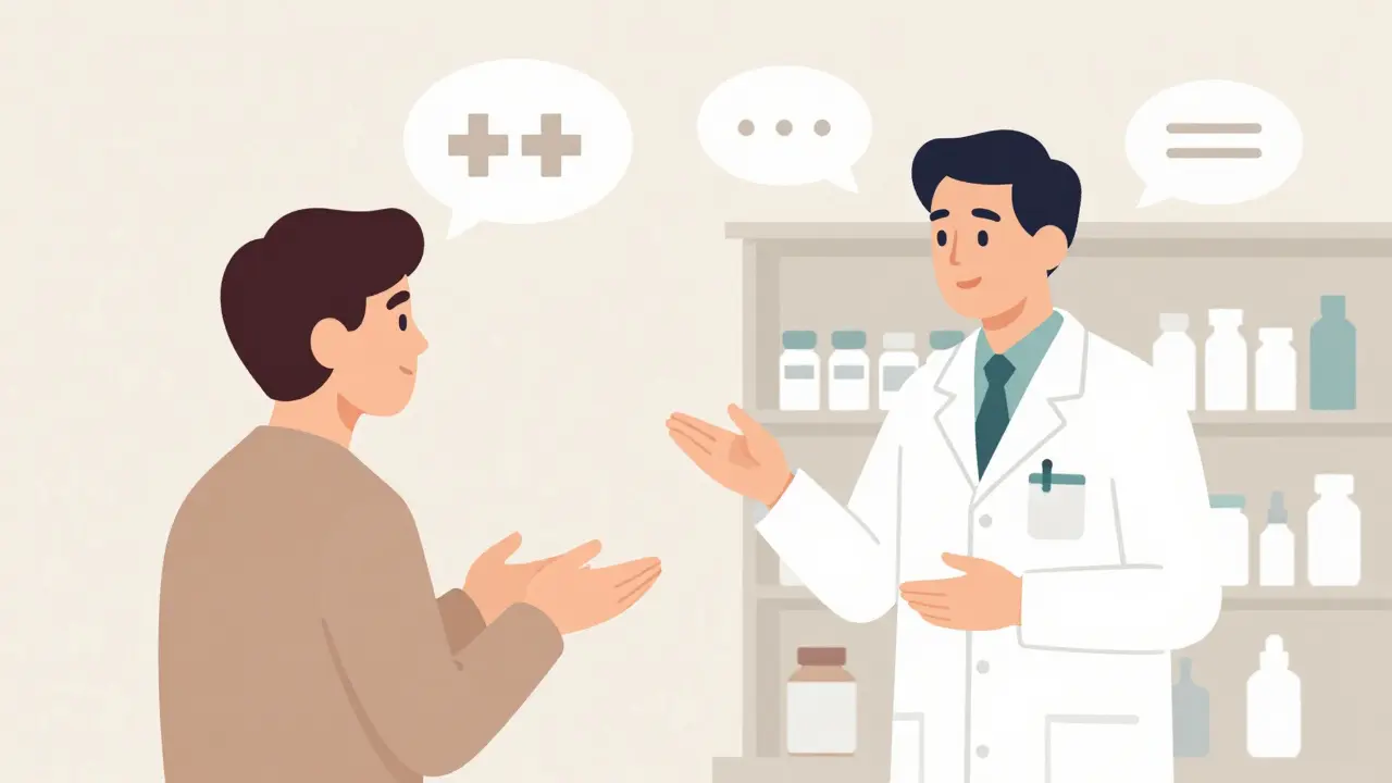 Patient consulting pharmacist, minimalist vector art style.