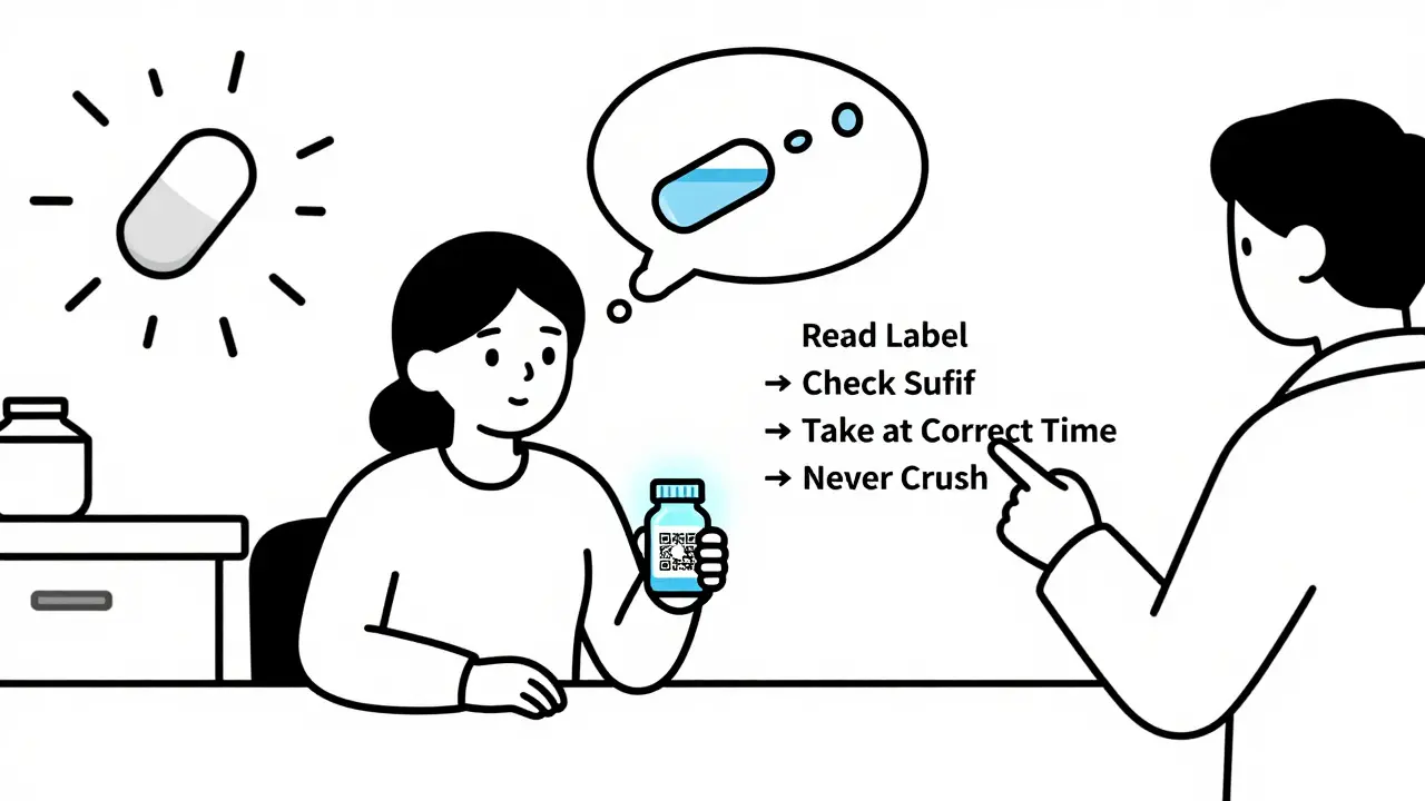 Patient reading pill label with QR code, guided by pharmacist's flowchart to safe medication use.