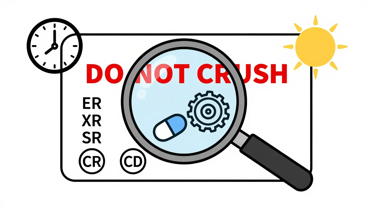 Prescription label with bold 'DO NOT CRUSH' warning and hidden slow-release mechanism inside pill.