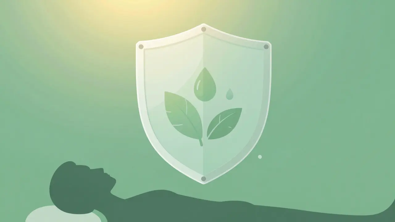 Protective shield over patient silhouette with leaves and drops.