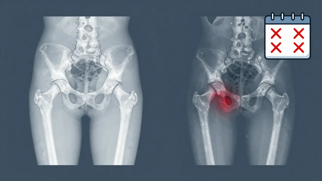Side-by-side X-rays comparing healthy and damaged hip joints after repeated steroid injections.