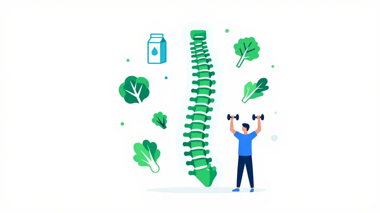 Spine protected by nutrition icons and exercise symbol
