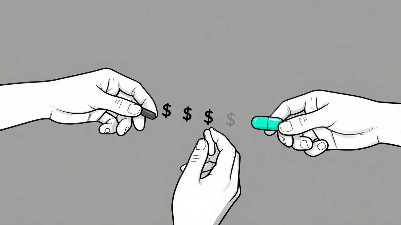 Three abstract hands pass a pill between them, with dollar signs diminishing as it moves along the supply chain.