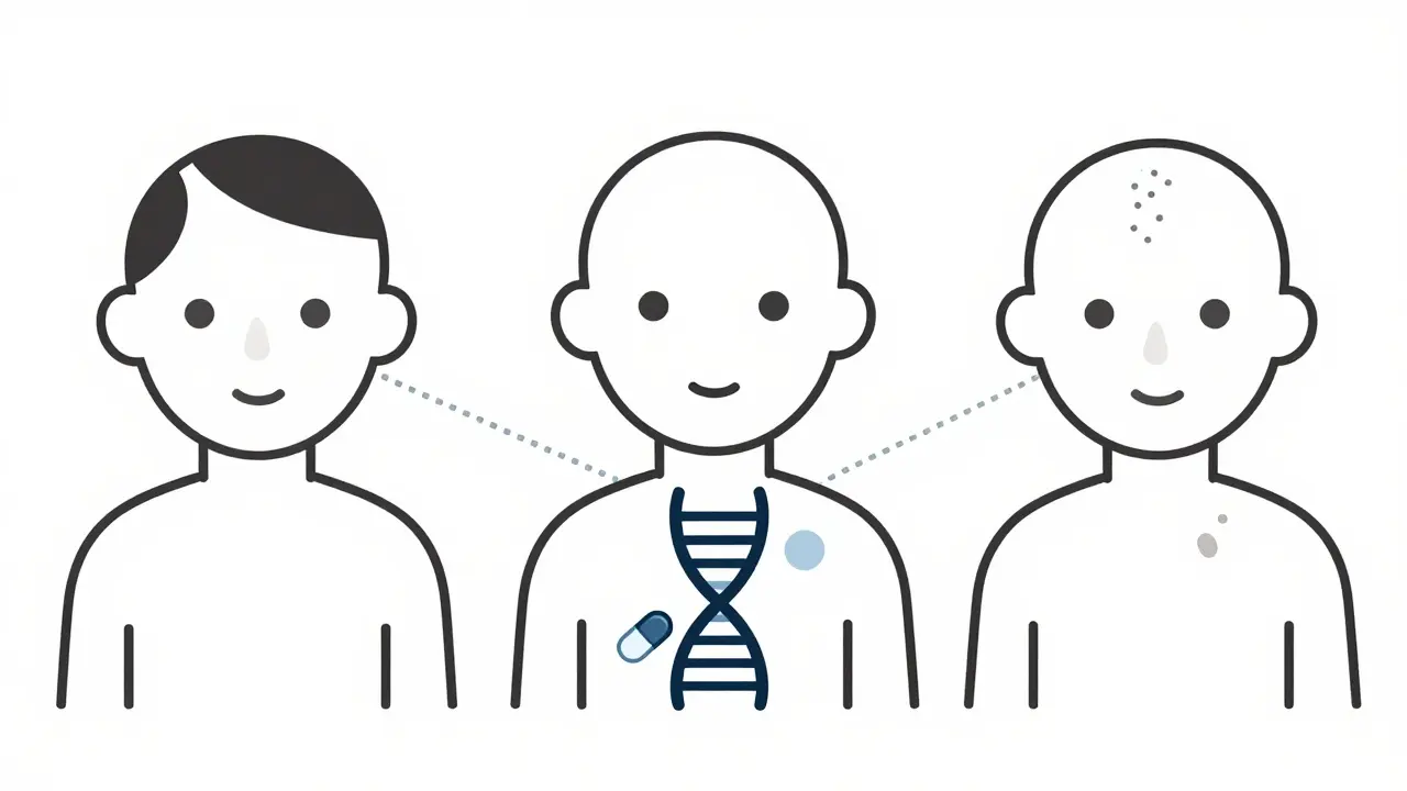 Three individuals with different forms of alopecia connected to a DNA strand and treatment pill, symbolizing genetics and therapy.