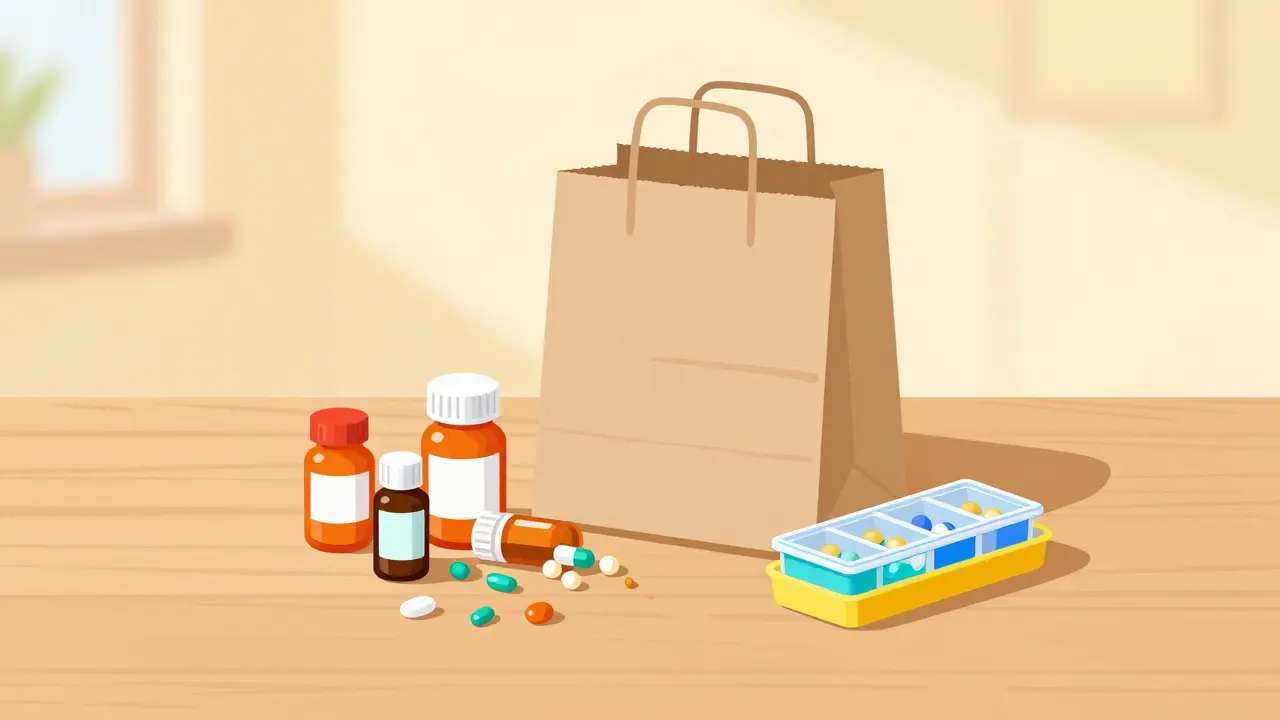 A brown paper bag with medication bottles and a pill organizer on a table.