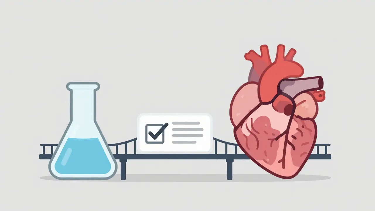 A conceptual bridge connecting a scientific flask to a human heart via a medication label.