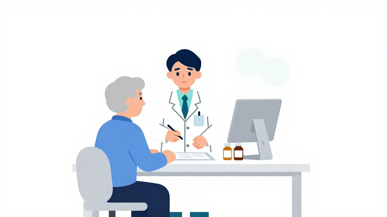 A pharmacist helping a senior patient review a medication checklist.
