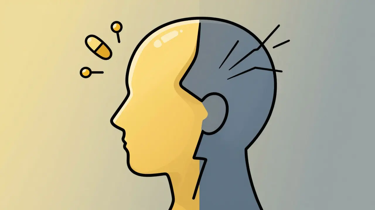A profile of a human head showing positive and negative psychological reactions to medicine labels.