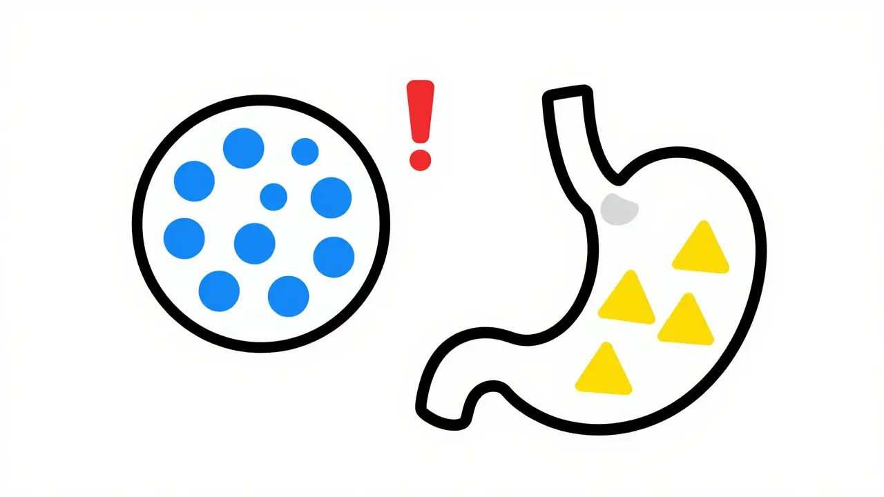 Cartoon illustration comparing two generic pills with different internal fillers and a sensitivity reaction.