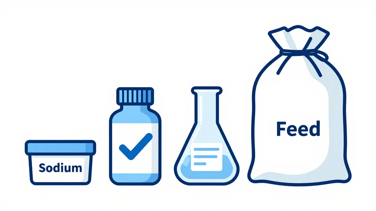 Comparison of consumer, USP, laboratory, and feed grade sodium bicarbonate containers.