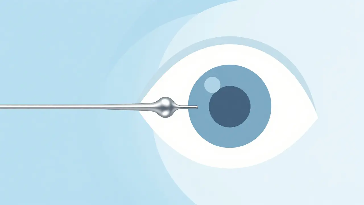 Conceptual illustration of a tiny micro-stent being placed in an eye.