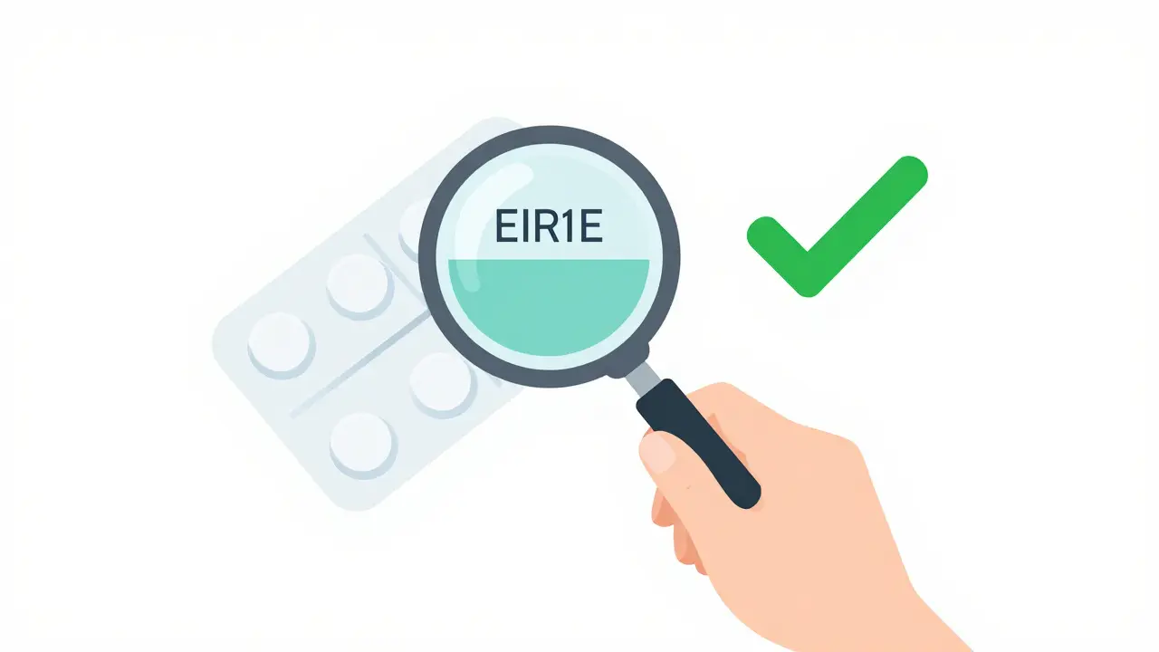 Hand using a magnifying glass to check the expiration date on a pill pack