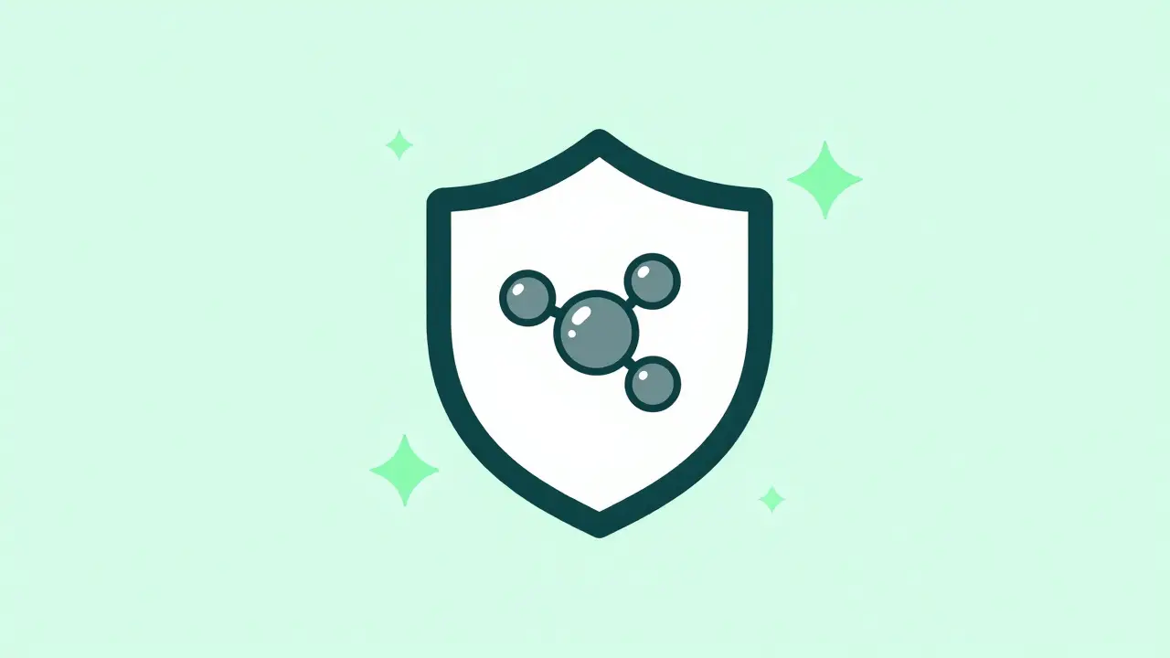 Minimalist conceptual illustration of an immune system shield protecting an insulin molecule.