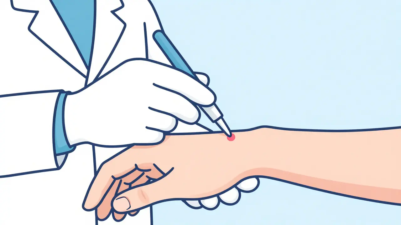 Minimalist illustration of a doctor performing a skin prick test to diagnose an insulin allergy.