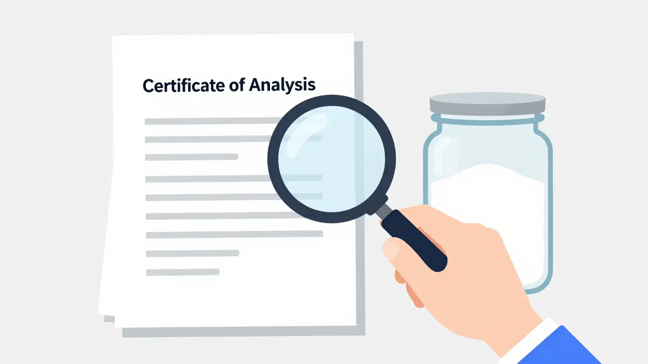 Minimalist illustration of a purity certificate and an airtight jar of sodium bicarbonate.