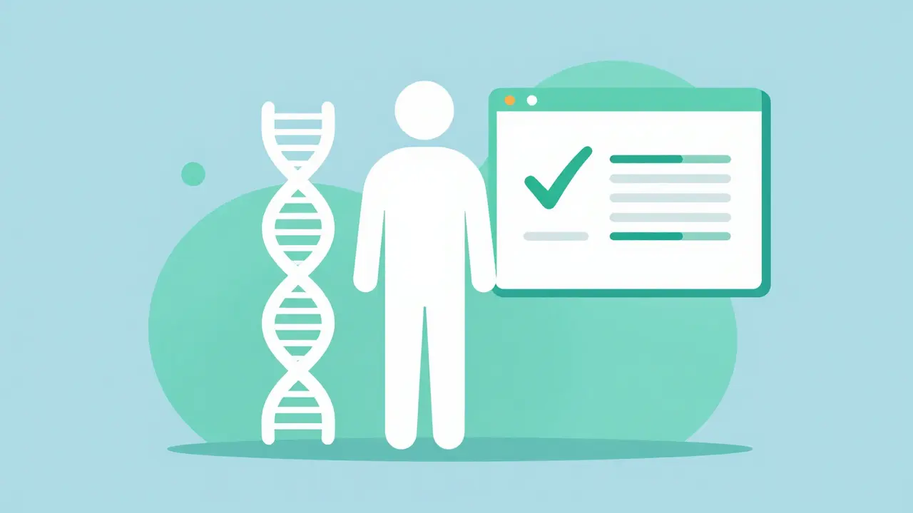 Minimalist illustration of personalized medicine matching a pill formulation to a person's genetic profile.