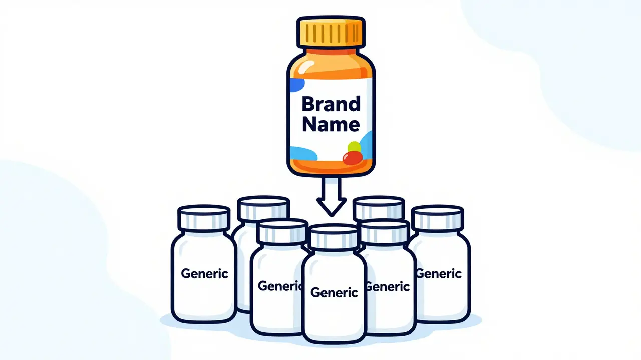 Abstract illustration showing generic pills driving down brand-name drug prices via competition.