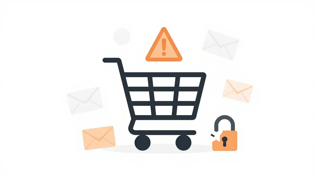 Abstract minimalist art of a shopping cart with warning signs, illustrating risks of unsafe online pharmacies.