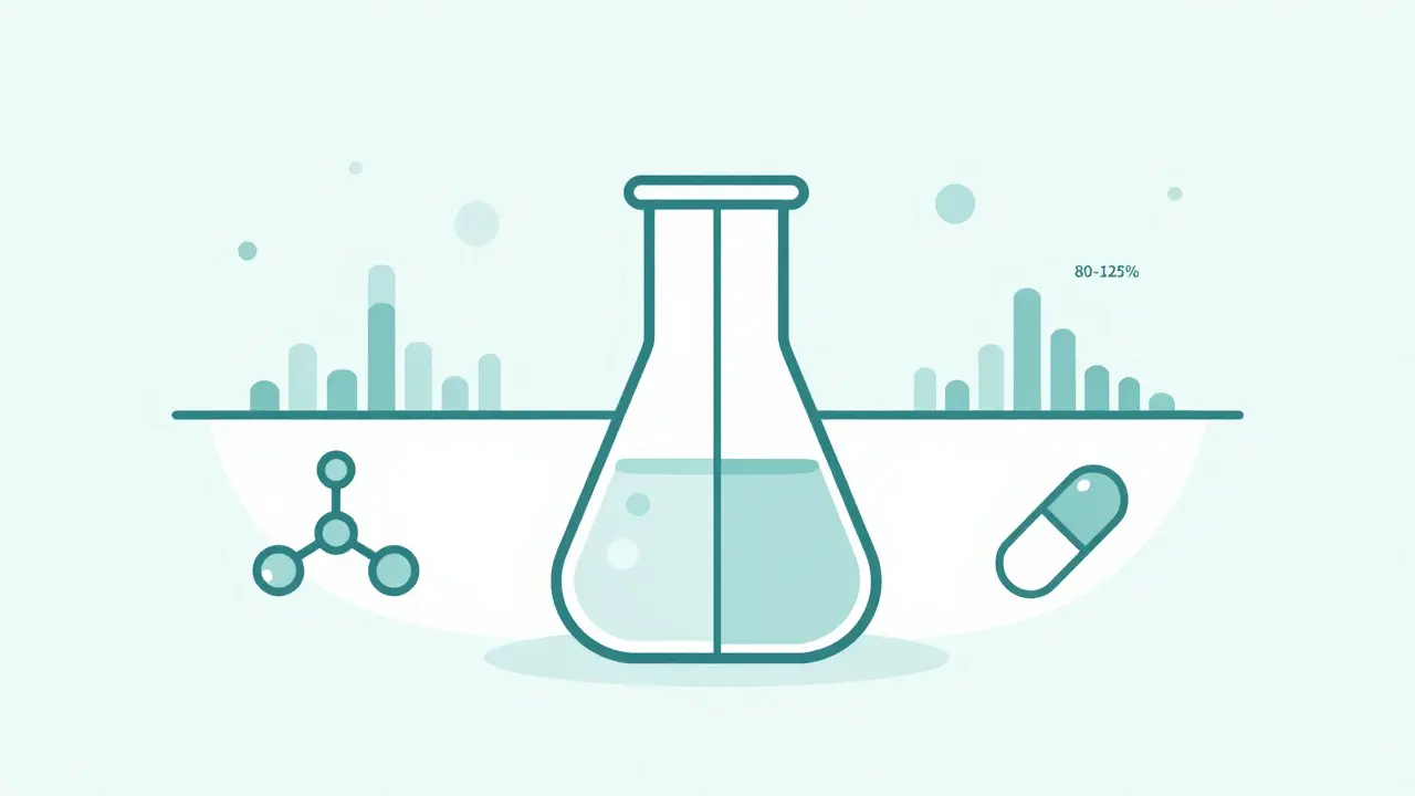 Beaker with split view showing molecular structure and pill, symbolizing bioequivalence.
