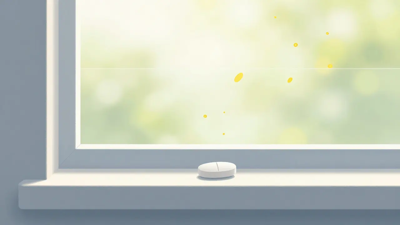 Clean illustration of a pill on a windowsill blocking floating pollen particles.