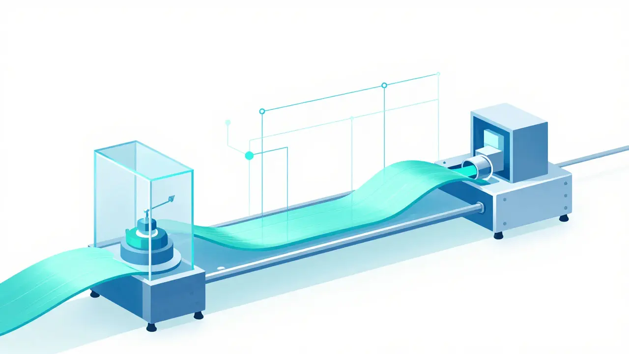 Futuristic minimalist art depicting continuous manufacturing and AI data monitoring in pharmaceutical production.