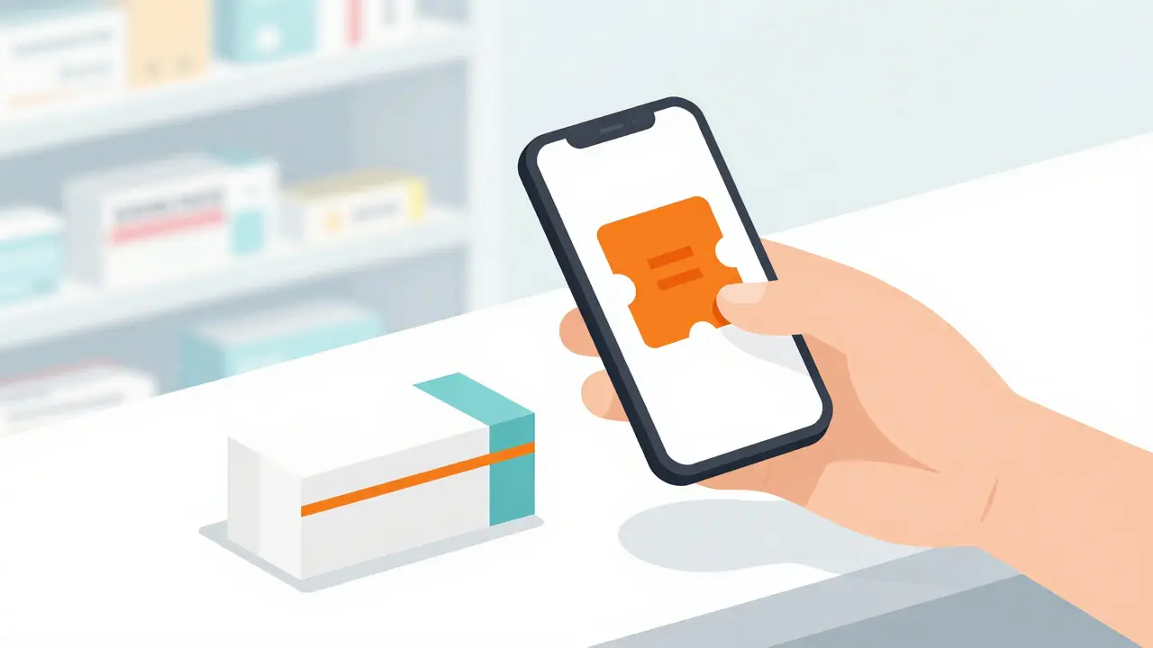 Graphic showing smartphone coupon reducing medicine cost