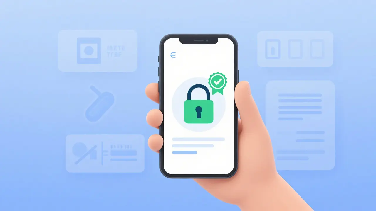 Hand holding phone showing safe online pharmacy verification
