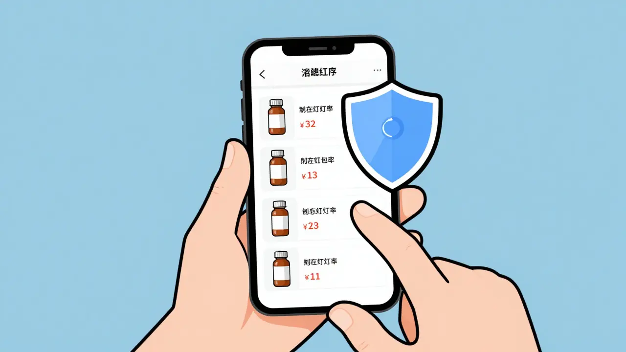Hand holding phone with medicine prices and security shield icon