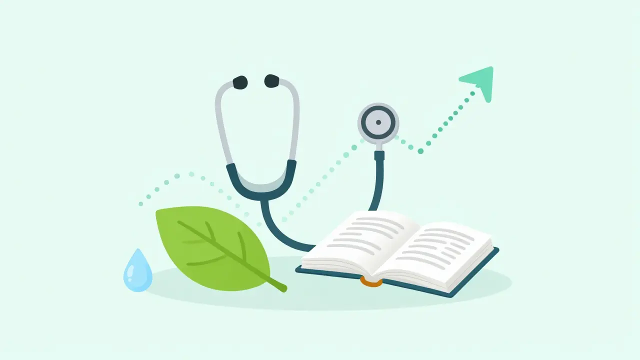 Healthy food, stethoscope, and growth arrow symbolizing heart treatment.