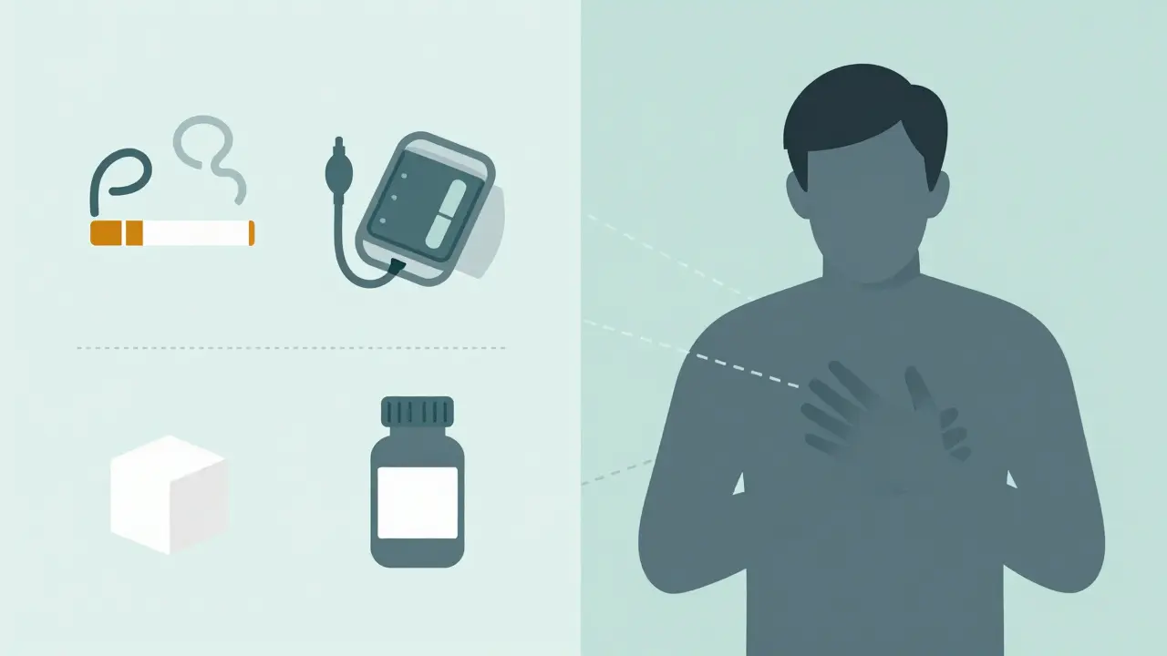Icons of smoking, BP cuff, and sugar linked to a person clutching chest.