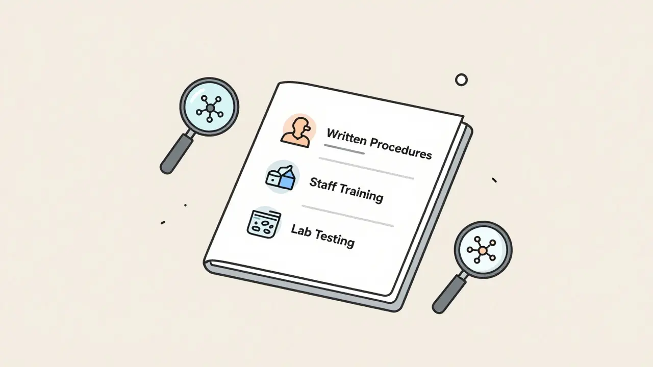 Illustration showing regulatory compliance concepts like documentation, testing, and staff training for generic drugs.