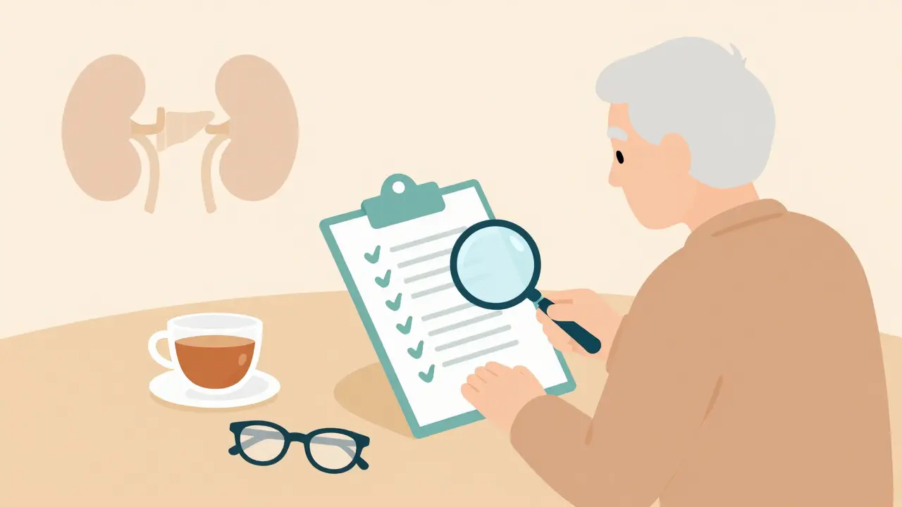 Senior reviewing medication list carefully