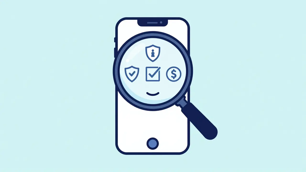 Simple cartoon graphic showing secure online pharmacy search with magnifying glass.
