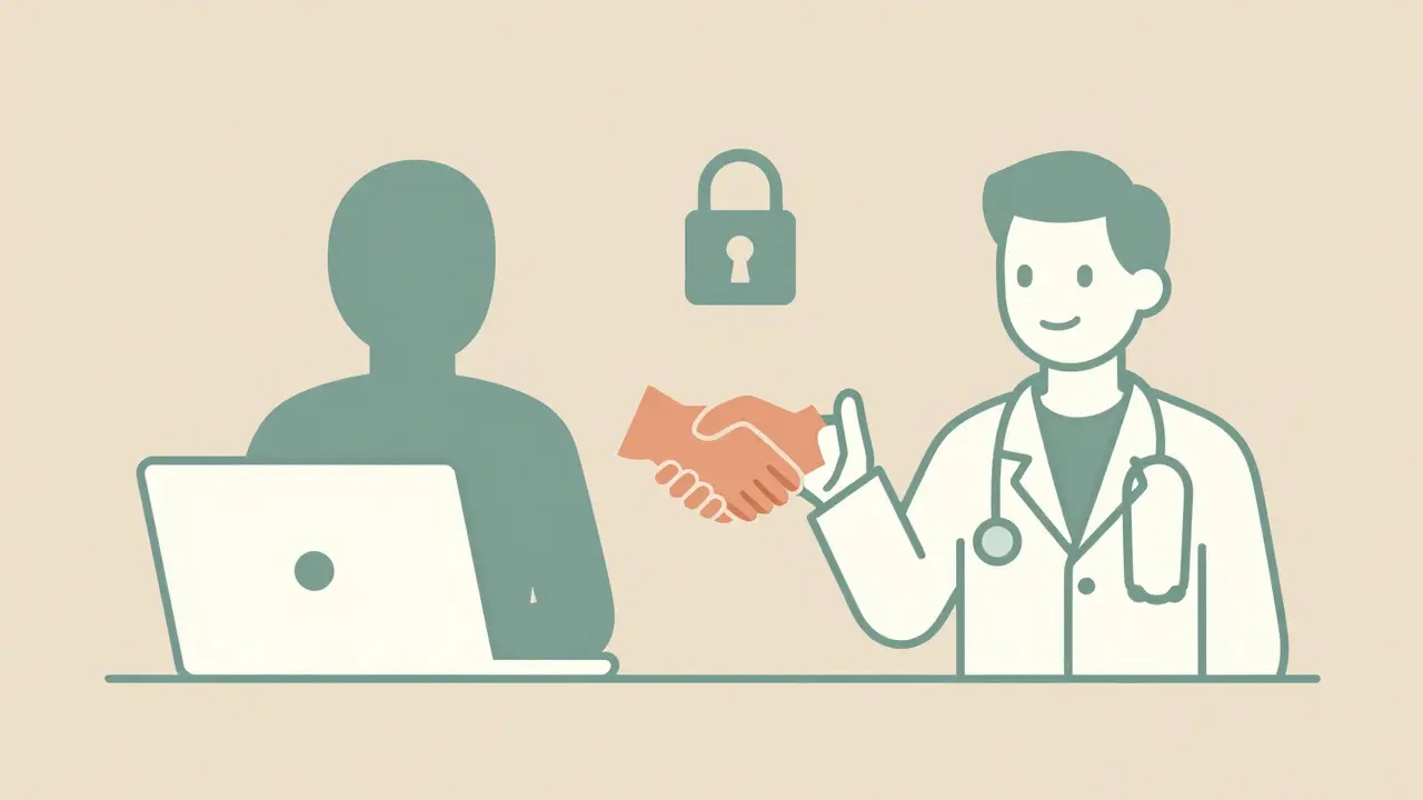 Simple illustration showing a patient consulting a doctor via device, connected by a security lock icon.