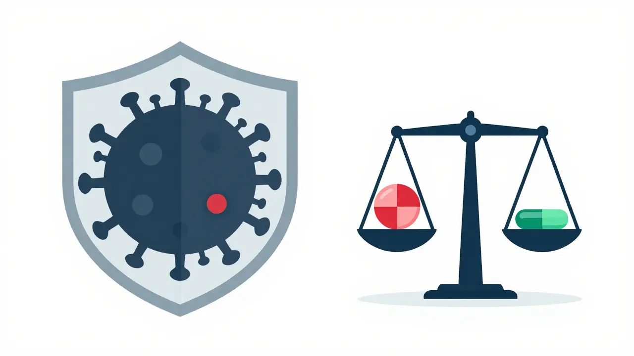 Split illustration contrasting viral resistance risks with safe drug alternatives.