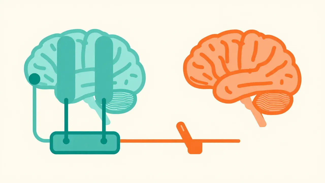 Abstract brain pathways showing serotonin brakes vs dopamine