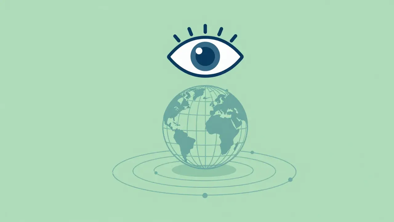 Abstract globe with an eye symbolizing global drug manufacturing oversight and safety.