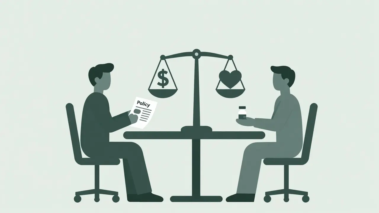 Minimalist art of figures negotiating drug prices with a balance scale