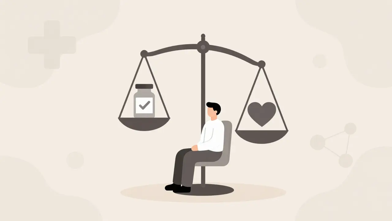 Person balancing medication and heart symbol for harmony