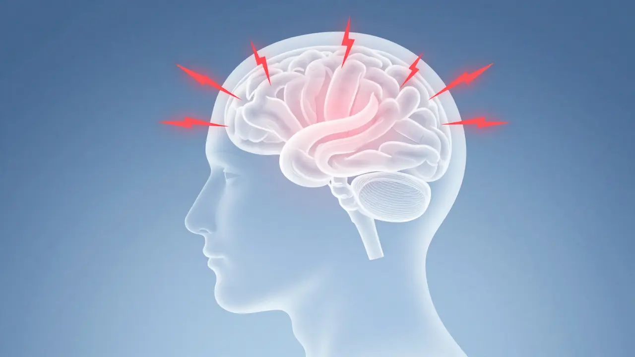 Stylized head with glowing brain and pain signals