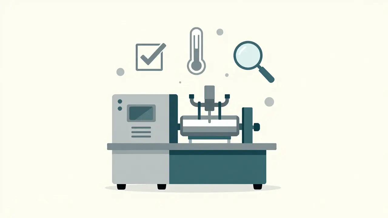 Stylized tablet press machine with quality control icons in a minimalist factory setting.