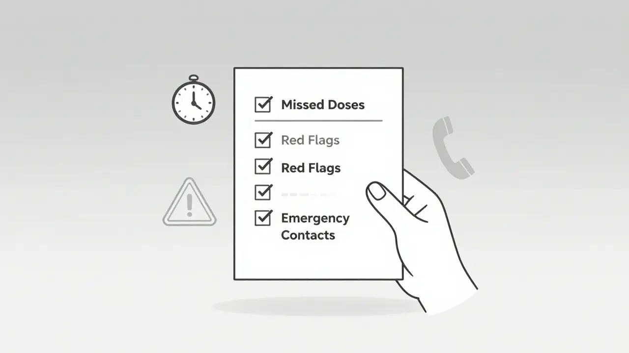 A hand holding a simple medication safety plan checklist with icons.