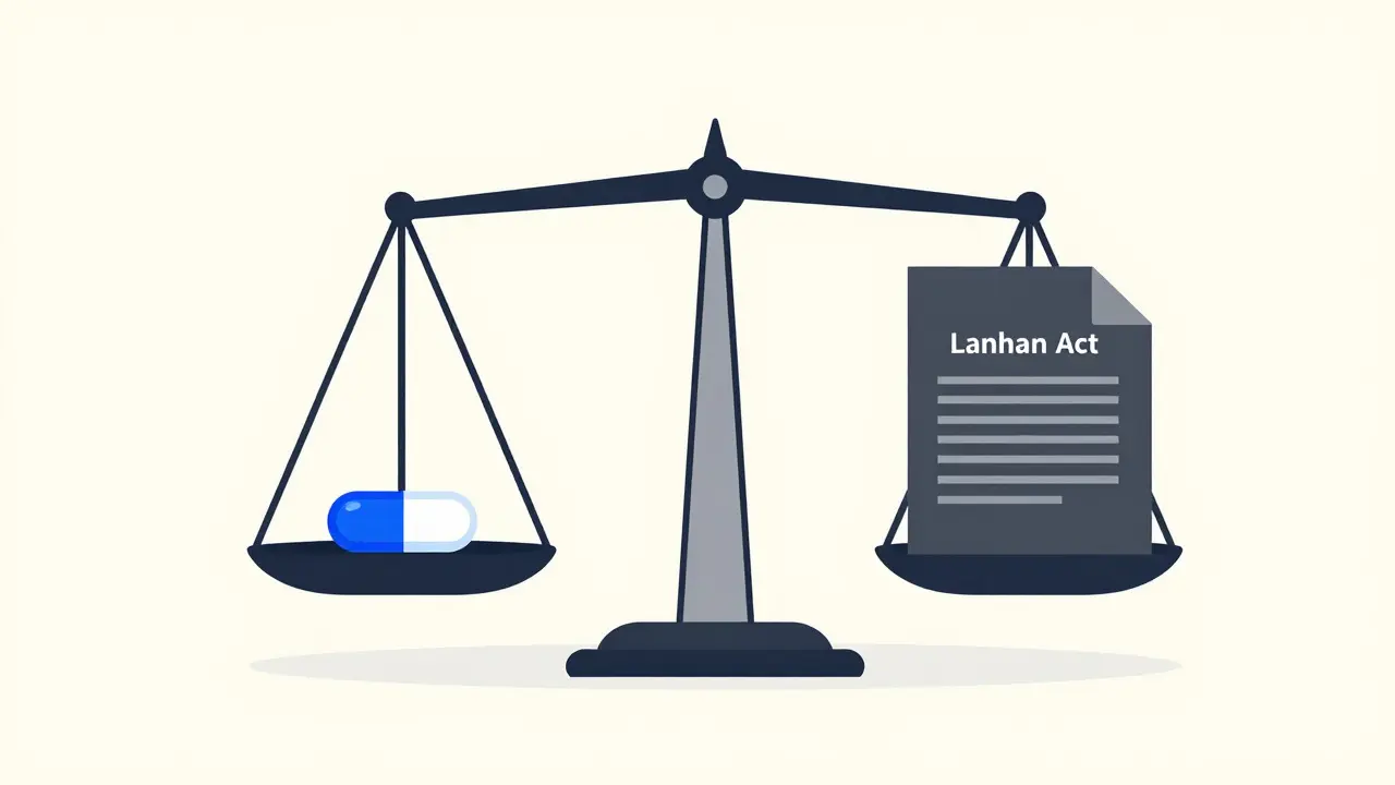 Balance scale weighing generic pill against heavy legal documents