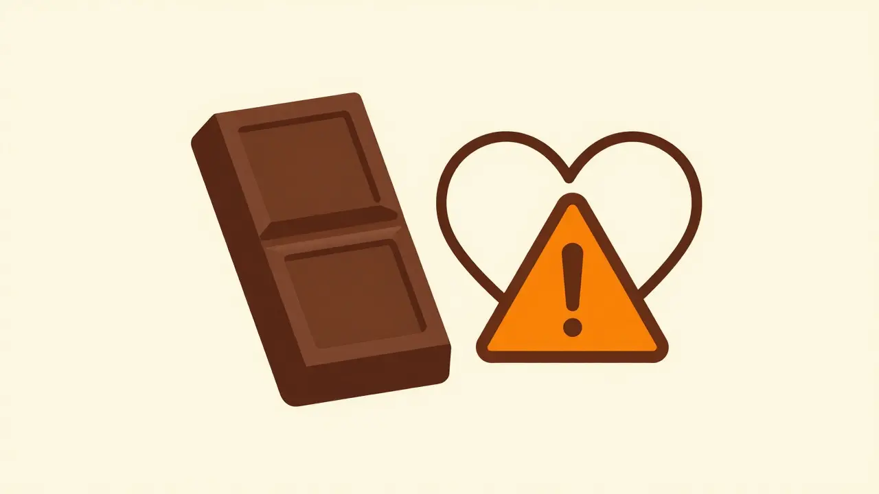 Chocolate bar next to a heart icon with a warning sign